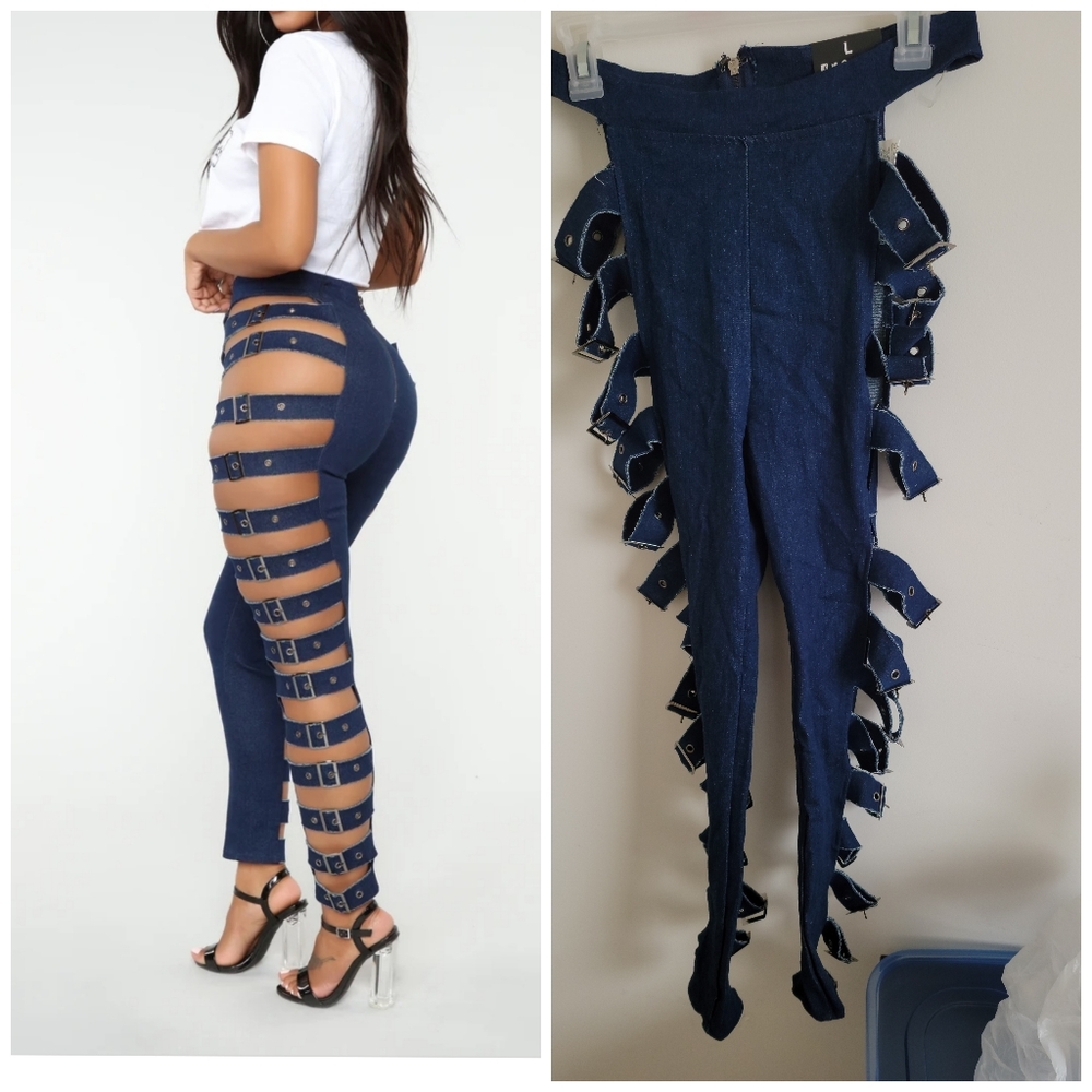 Dark blue side buckle pants